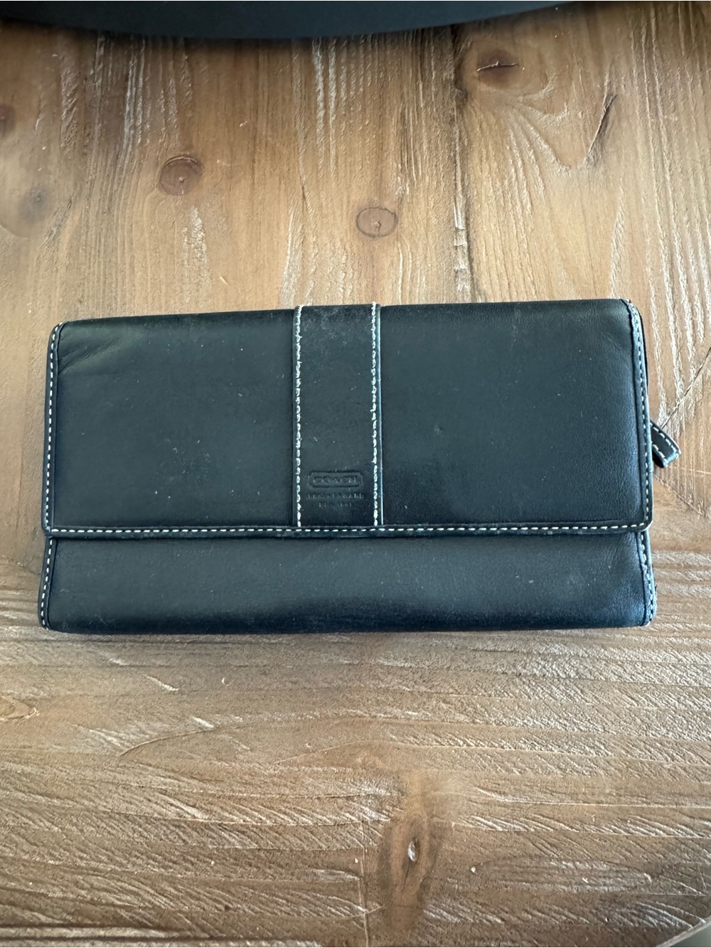 Coach Black Leather Wallet with White Contrast Stitching